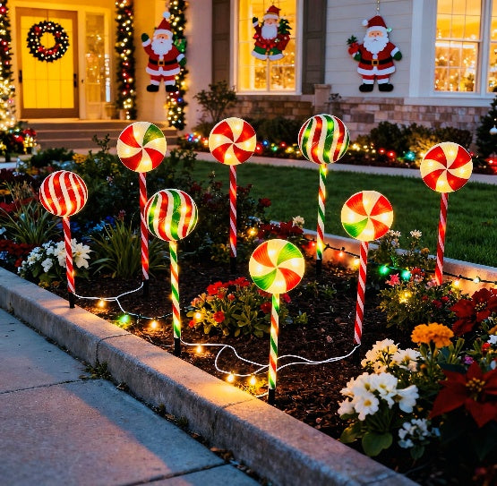 Red and green lollipop stake light 15cm for Christmas garden decor - single-set scene