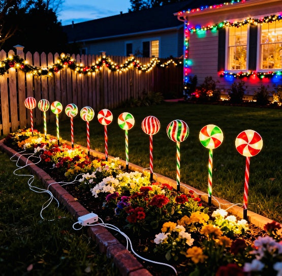 Red and green lollipop stake light 15cm for Christmas garden decor - multi-set scene