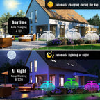 Solar jellyfish stake lights charging by day and lighting a garden at night