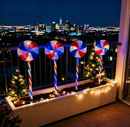 Red and blue lollipop stake light 18cm in a Christmas lawn - single-set scene