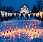 Red tube candy cane stake lights lining a garden path with warm glow - single-set scene